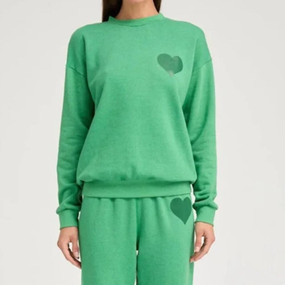SPRWMN Heart Sweatshirt Kelly Green Fleece Lined Long Sleeve Pullover Women's M